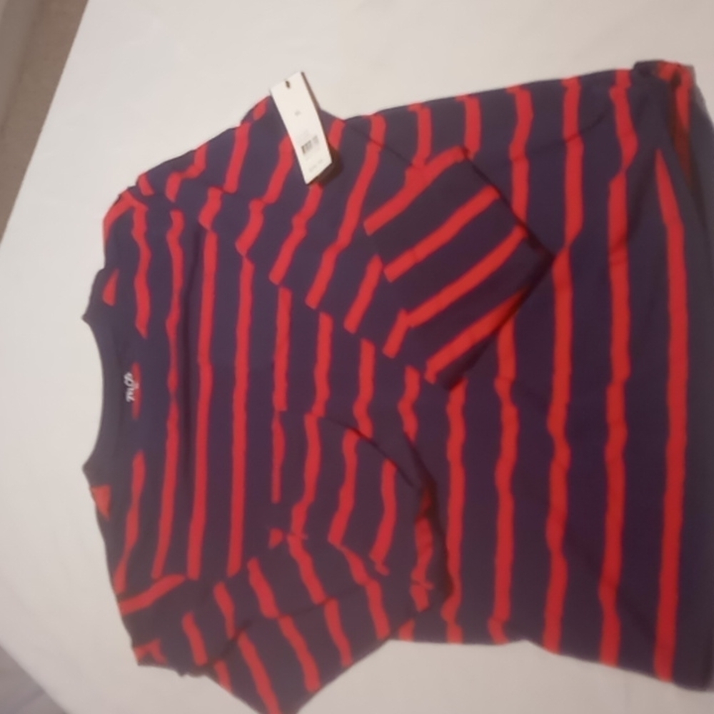 BOYS XL long sleeve pocket tee striped navy blue and red Zelos brand NWT